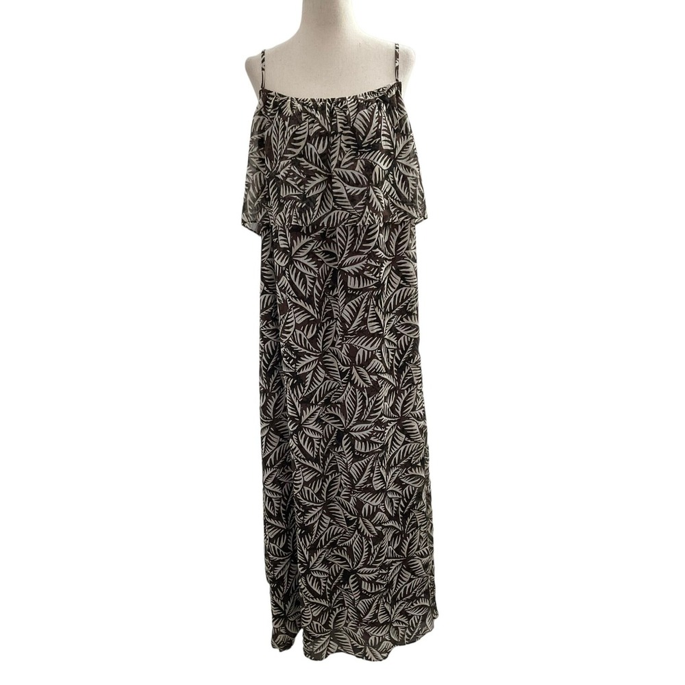 Calvin Klein Women Size 14 Brown Tropical Maxi Dress Adjustable Strap (37-582)